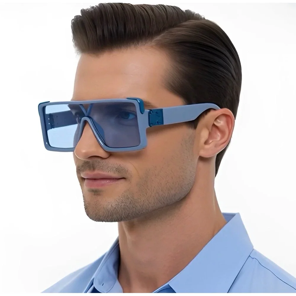 Mens Blue Oversized Square Shield Sunglasses Futuristic Flat‎ Top V-Bridge Shade